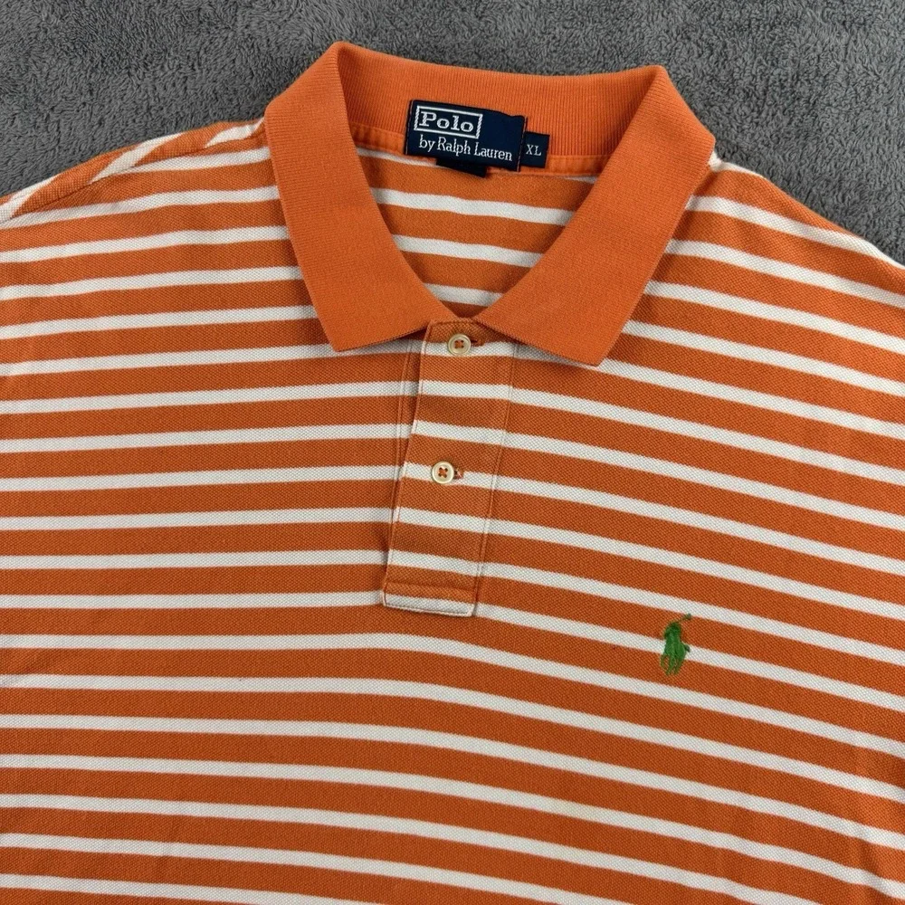 Polo Ralph Lauren Polo Shirt Men XL Orange Striped Short Sleeve Cotton Classic
